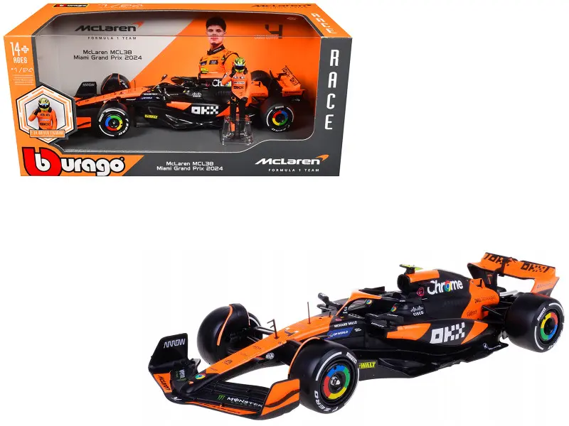 McLaren MCL38 #4 Lando Norris "OKX" Winner Formula One F1 "Miami GP" (2024) w/Figure 1/24 Diecast Model Car by Bburago