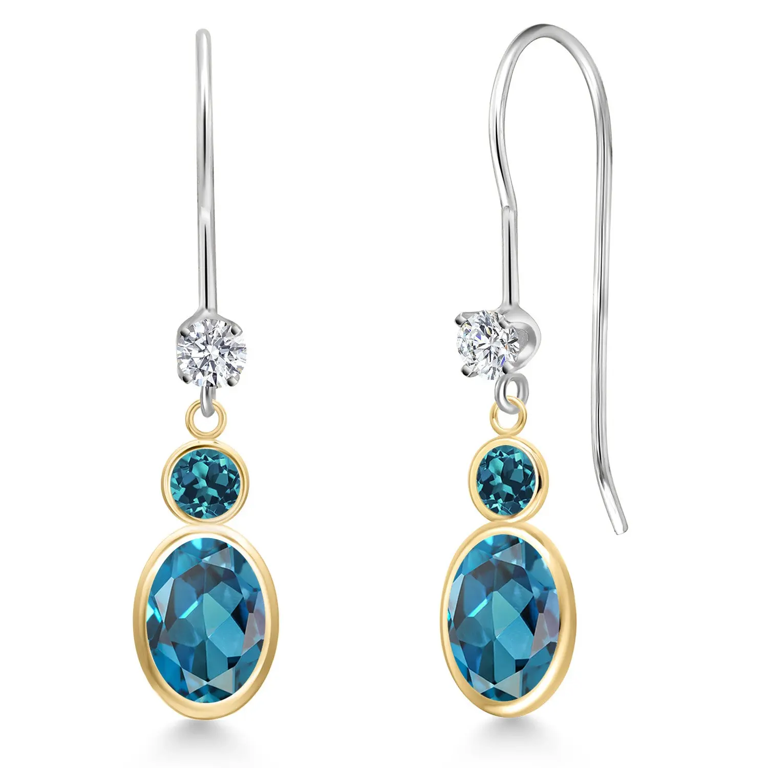 14K Two Tone Gold London Blue Topaz and Lab Grown Diamond Dangle Earrings for Women | 2.40 Cttw | Gemstone November Birthstone | Oval 7X5MM