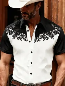 Men's Western Cowboy Style Contrast Short Sleeve Shirt, Floral Print Collar Button Casual Top, Fashionable Men's Clothing