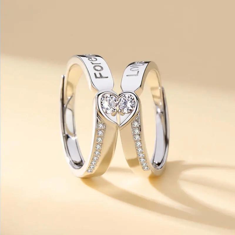 Eternal Love Couple's Ring Set High-Quality Copper Open Design for Long-Distance Relationships Stylish Versatile Commemorative Gift with Heart Accents