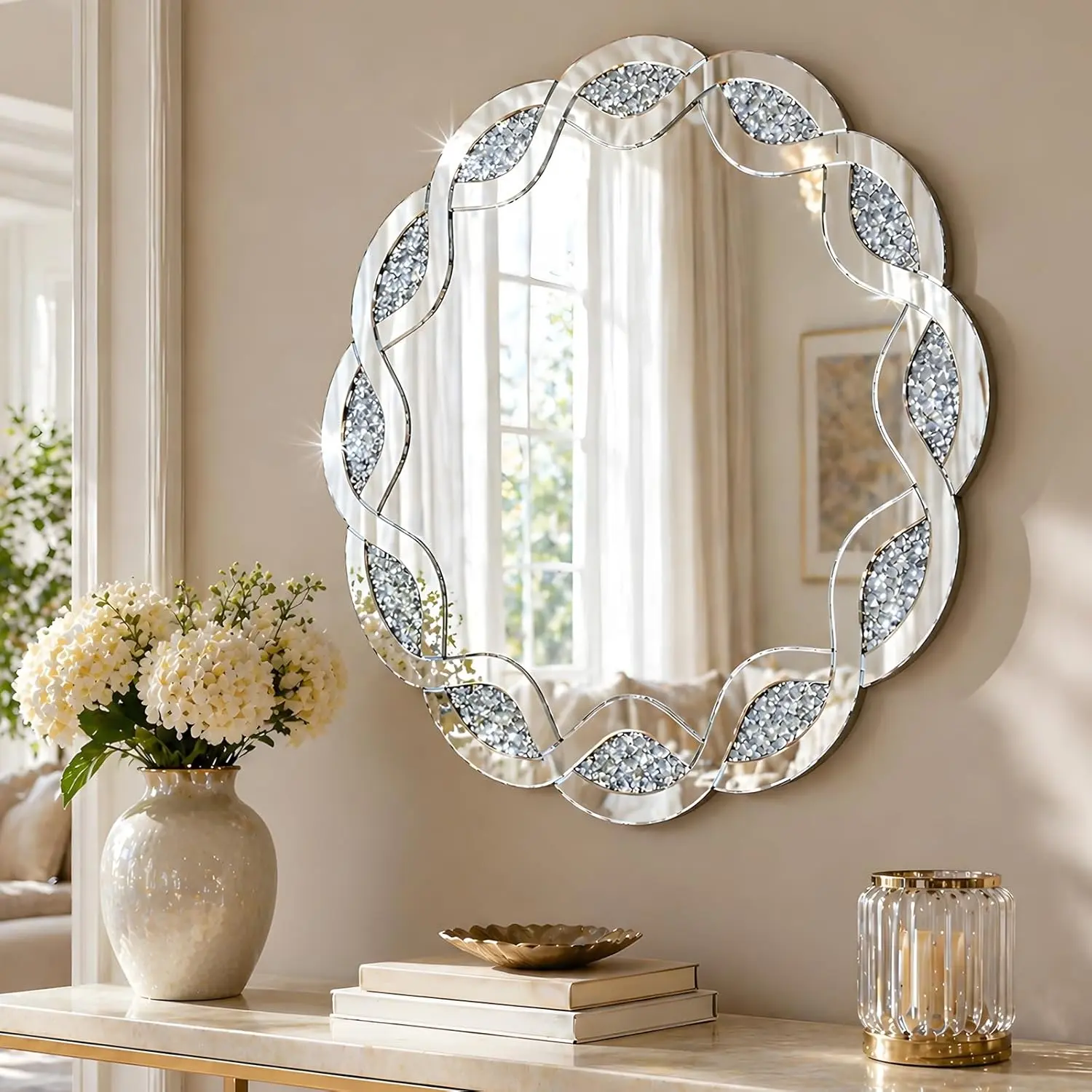 31" Round Wall Mirror with Crushed Diamond Frame, Silver Glam Art Deco Accent Mirror for Living Room, Bedroom, Entryway