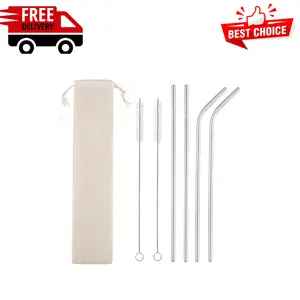 Set of 4 Reusable Metal Straws, 10.5'' Long Stainless Steel Straw