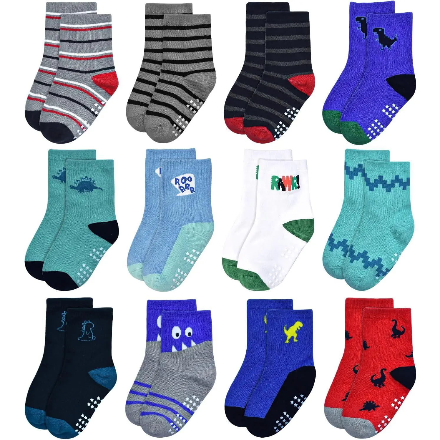 Toddler Kids Non-Slip Grip Socks, 12-Pair Cartoon Multicolor Set for Boys/Girls, Soft Combed Cotton, Medium Thick for All Seasons, Girl, Dinosaurs, Gripper, Jumping, Color Block, Characters