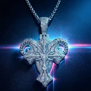M2-5369 Iced Out Goat Cross Pendant Full Cubic Zirconia Silver Plated Hip‑Hop Necklace Pendant Unisex Rapper Jewelry