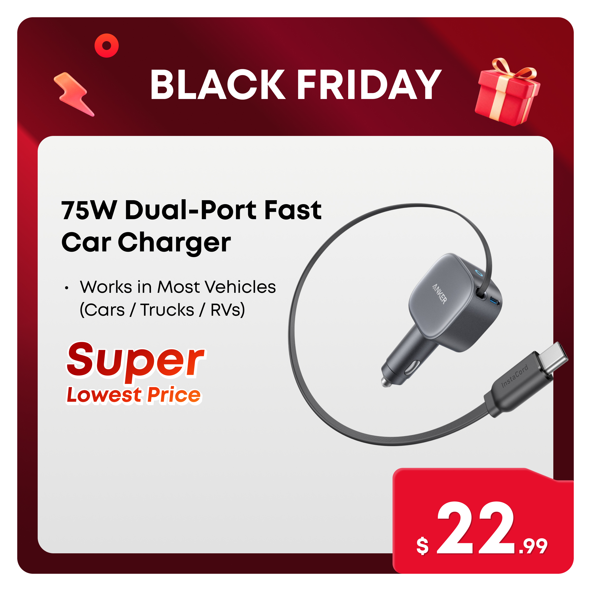 Anker USB-C Car Charger, 75W Max Fast Charging, Sleek and Compact Design with Retractable Cable, for iPhone 17 / 16 / 15 Series, Samsung S24 / S23, Ma