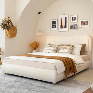 Yechen Boucle Cloud Bed Frame with Round Corner Headboard, Upholstered Soft Creamy Bedframe with Solid Wood Legs, Boho Fluffy Bed with Wooden Slats, Easy Assembly, No Box Spring Needed, (Full, Queen)(Beige, Grey, Khaki)