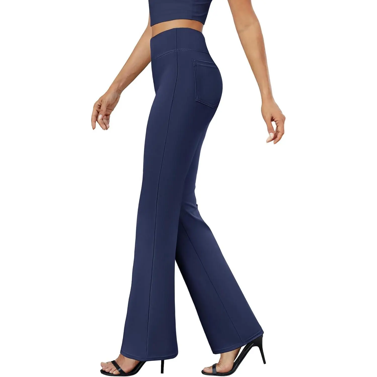 Women's Bootcut Work Pants, Pull-On High-Waist Stretchy Polyester Slacks for Office Casual Wear with Pockets, Dress Pants, Office Wear, Breathable, Full-Length, Bottoms, Trouser, Business, Soft, Polyester Blend