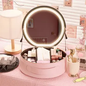 Round Smart LED Makeup Bag with Mirror Lights Women Beauty Bag Large Capacity PU Leather Travel Organizers Cosmetic Case Does not apply