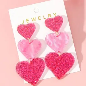 1pair Women's Valentine's Day Dreamy Glitter Pink Acrylic Earrings With Three Layer Heart Earrings , Romantic  And Cute Valentines,Mom,Mother,Mother's Day,Gift