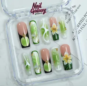 Green Floral Press On Nails | Handmade Artist Faux Nail with Petals & Butterflies | 10pcs Unique Reusable Gel Tips for Party Press & Summer Glam– NailGalaxy