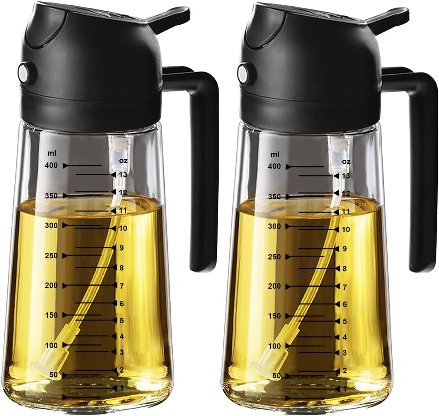 16oz/470ml Glass Olive Oil Sprayer for Cooking – 2 in 1 Olive Oil Dispenser Bottle for Kitchen Gadgets and Air Fryer Accessories, Salad, BBQ - 2 Black