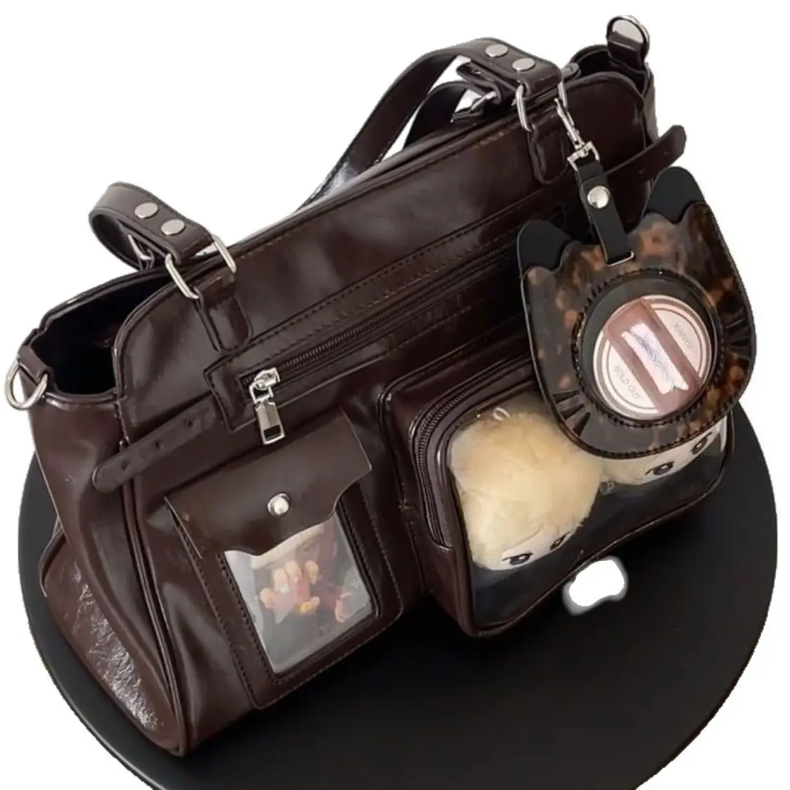 Vintage-style motorcycle crossbody bag with hidden compartments/Unique large-capacity commuter shoulder bag/Spacious display pocket for badges, plush toys, and collectibles |   Suitable for school and anime conventions