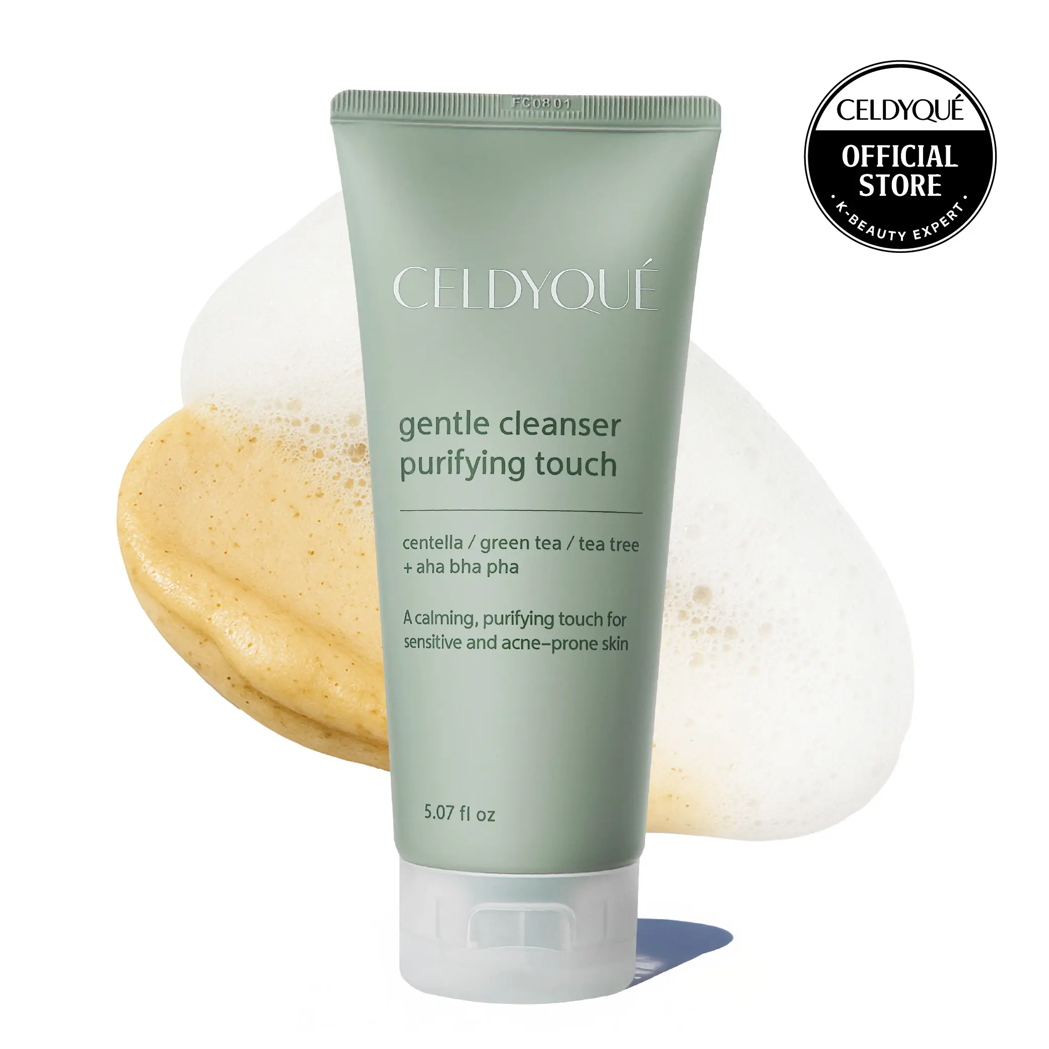 [CELDYQUE] Gentle Cleanser Purifying Touch – Centella, Tea Tree & Green Tea | AHA BHA PHA Exfoliating Face Wash for Sensitive, Acne-Prone Skin | Calming, Pore Purifying Korean Cleansing Foam, 5.07 fl oz