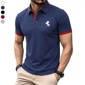 Men’s sports casual polo shirt, solid color, with prints, short sleeves, multifunctional casual wear suitable for work and sports