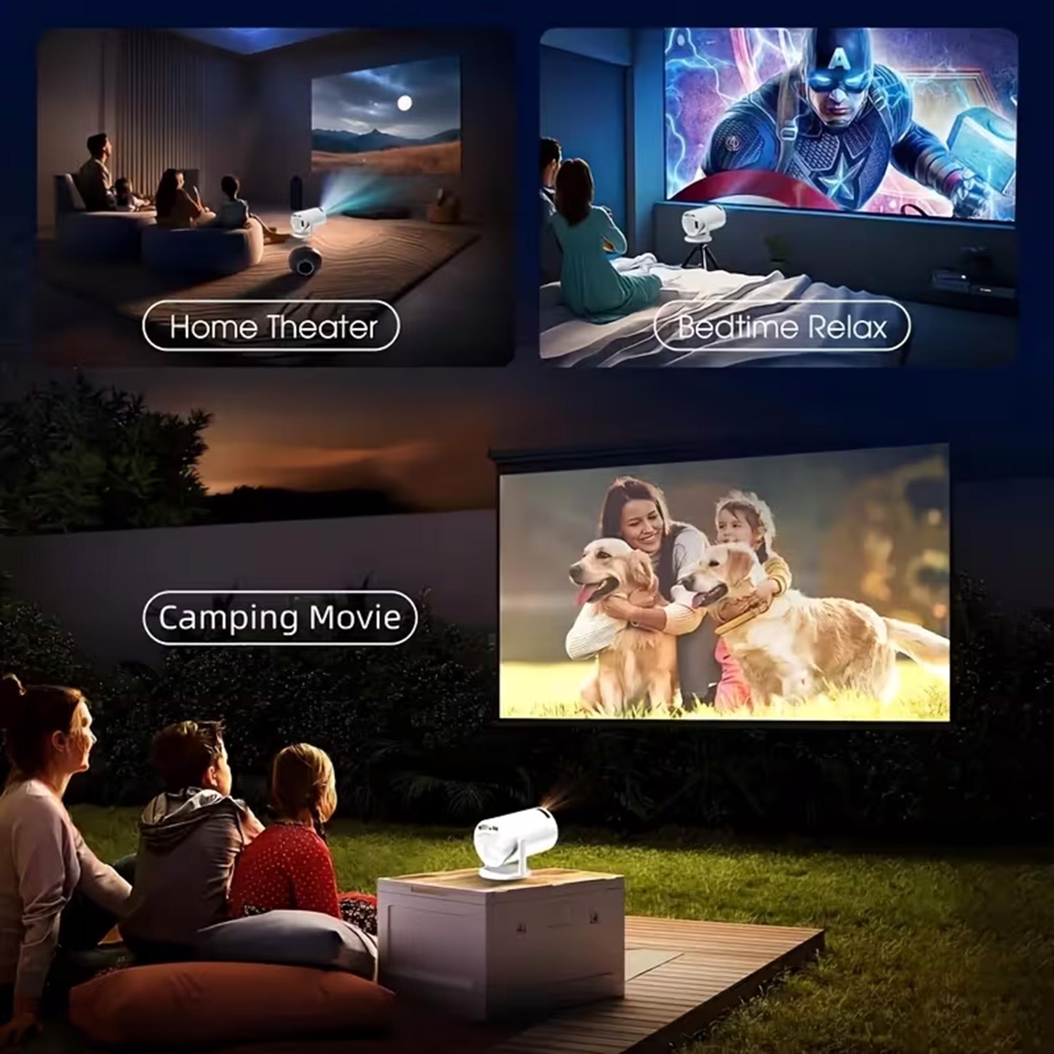 Built-in Applications Smart Projector with WiFi and Bluetooth: High-definition outdoor projector supporting screen projection, focusing and keystone correction, bedroom projector for home and outdoor portable use, white