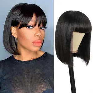 Megeen Hair Human Hair Bob Wig, Brazilian Straight Human Hair Wigs P4/27 Color With Bangs, 150% Density None Lace Front Wigs Glueless Machine Made Wigs For black Women