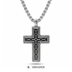 DRINSPER Vintage Cross Pendant Necklace for Men and Women, Silver Plated Copper Corss Jewelry with Cubic Zirconia, Gothic Faith Necklace for Daily Wear, Church, Prayer, Streetwear and Gift Giving, Hypoallergenic Waterproof Fashion Chain