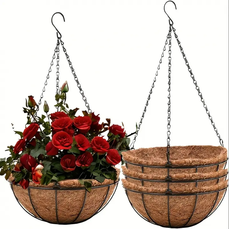 Hanging Plant Pot Basket Set - Rust-Resistant Metal Chain, Coconut Mat - Outdoor Hanging Planters for Indoor Garden, Porch Decoration