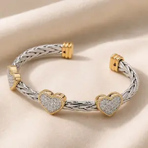 TANEAR 14K Gold Plated Two Tone CZ Heart Shape Pave Braided Mix-Metal Cuff Bracelet