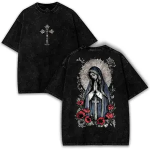 valentine shirts Virgin Mary Graphic T-Shirt, Washed Black Heavy Cotton, Gothic Streetwear
