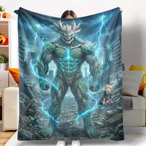 Electric Giant Monster Flannel Blanket Fantasy Apocalypse City Print Ultra Soft Lightweight Plush Throw Warm Cozy Bedding Perfect For Bedroom Camping Living Room Sofa Couch Travel Office Gift