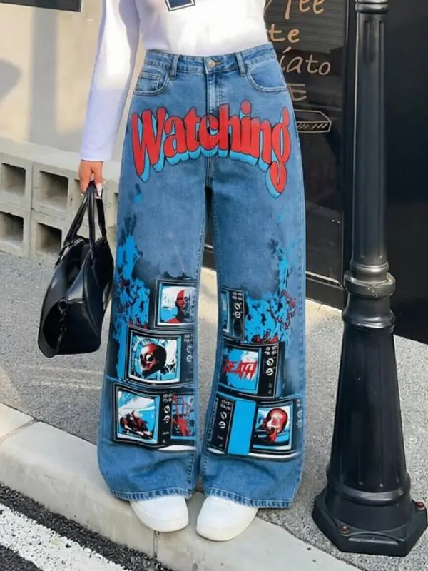 Unisex Summer Washed Denim Straight Wide Leg Jeans High Waist Retro TV Skull Watching Death Graphic Print Loose Pants
