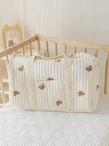 cute bear pattern quilted storage bag, lightweight large capacity shoulder bag, multi-functional storage bag for outdoor, newborn to toddler essentials