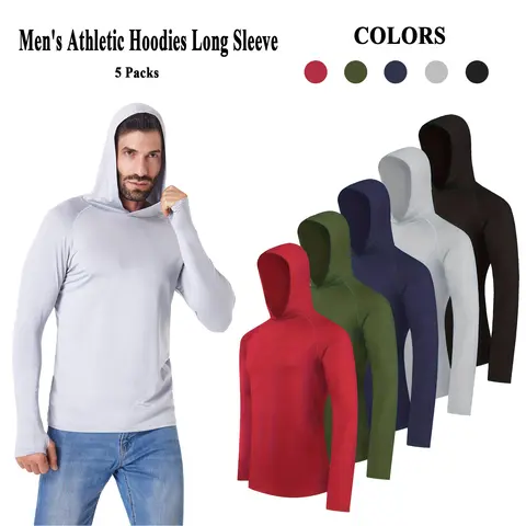 HOPLYNN 5-Pack Men's Long-Sleeve Hoodie with Hood - Athletic Sports Clothing, Silky, UV-Protective, Quick Dry, Breathable, All Seasons, Holiday Casual Workout Tops for Fishing