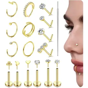 16PCS Gold Nose Piercing Rings Studs for Women Surgical Steel Threadless Push in Flat Back Earrings Hypoallergenic Nose Rings Hoops Cartilage Helix Tragus Nostril jewellery 18G 20G