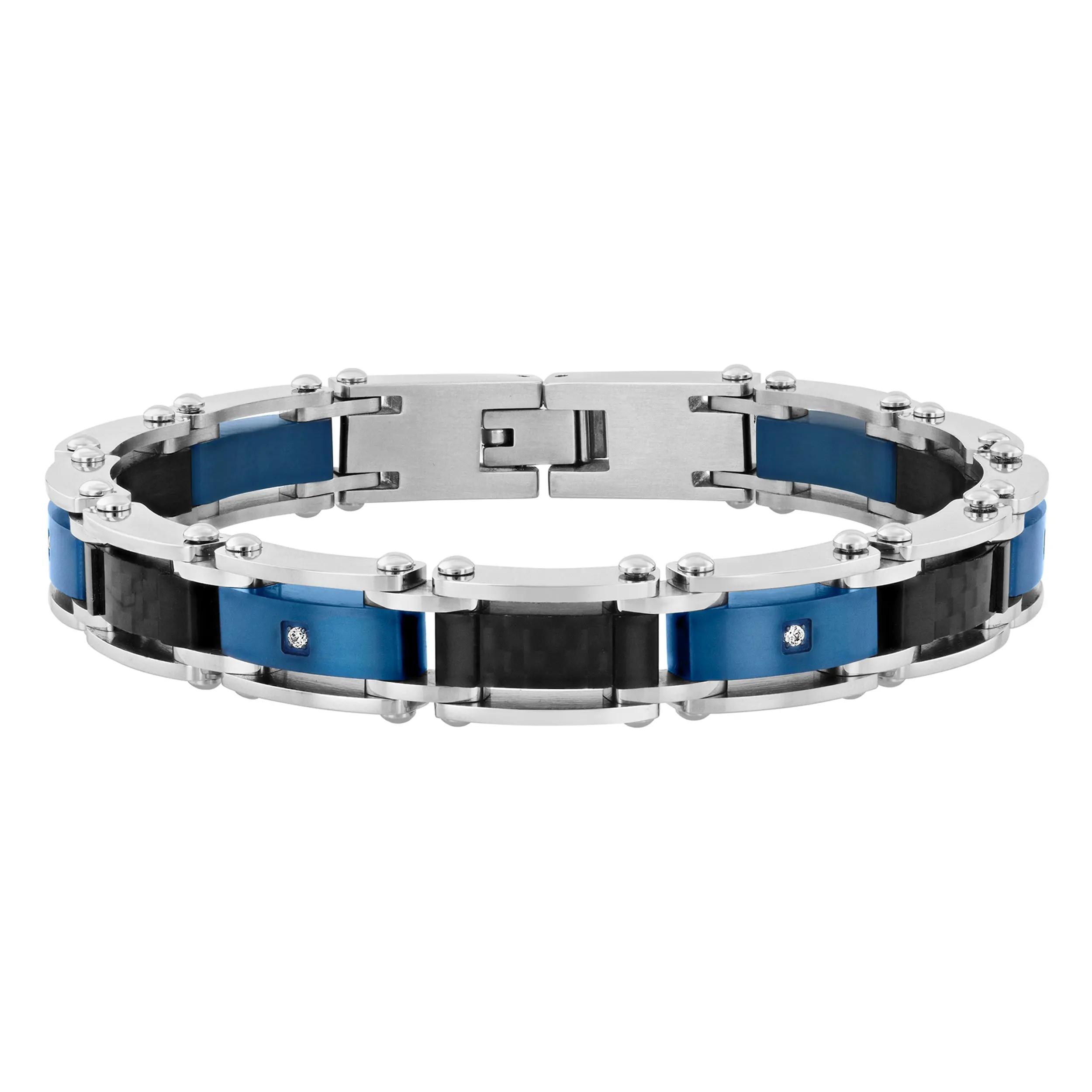 Men's Tungsten Diamond Accent Carbon Fiber Bracelet - Geometric Link Design, Carbon Fiber Inlays, .07 CTW Round-Cut Diamonds, Blue or Yellow Accent Options, Sporty Engineered Feel, Durable Everyday Bracelets & Bangles