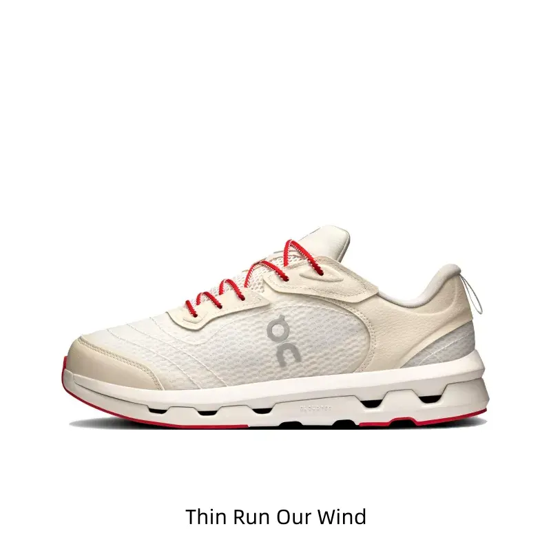 Off White Knit Mesh Casual Running Sneakers With Red Accent Laces, Hollow Segmented Cushion Midsole Non Slip Athletic Shoes For Men Women Daily Walking And Light Sports