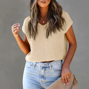 Fashion Womens Summer Cropped Sweater Vest Trendy Cap Sleeve Crop Knitting Tops V Neck Loose Knit Tank Tops