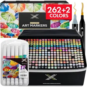 Dual Tip  Markers Set - Black 262+2 Fine & Chisel Tips Drawing Kit with 12 Extra   Markers, No Bleed & Blending Marker Sets for Adults and  Coloring Books & Drawing Stuff