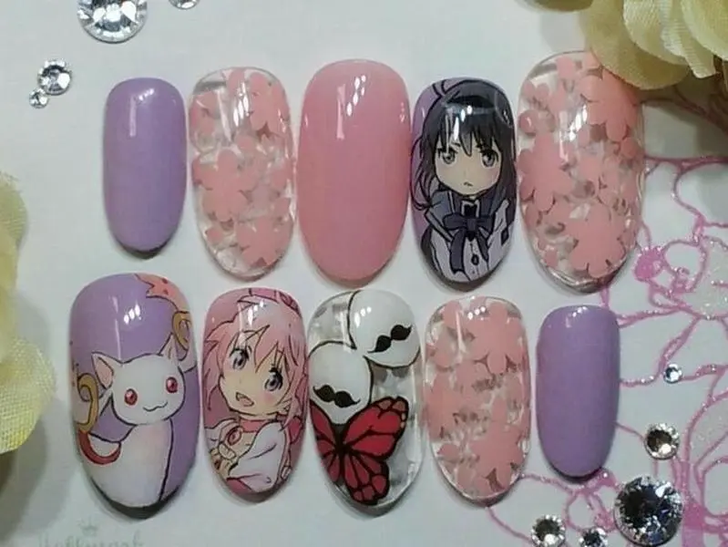 Madoka Magica Press On Nails | Madoka Homura Kyubey Anime Nail Set | Pink Purple Kawaii Hand-Painted Reusable Fake Nails with Gift Set (Adhesive Tabs, Nail File, Cuticle Stick)