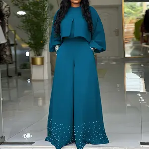 ChicMe 2026 Women's 2 Pieces Outfit Puff Sleeve High-Low Hem Pleated Top and Casual Pearls Decor Wedding Guest Wide Leg Pants Wedding Set