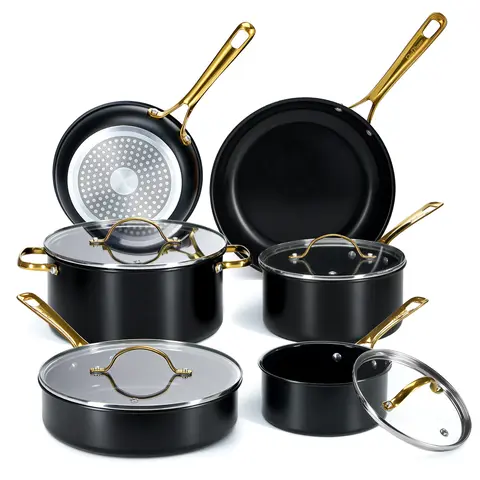 Chef Power 10-Piece Multi-Size Ceramic Nonstick PFAS-Free Teflon-Free Pots and Pans Set - Frying Pans, Saucepan, Lids, Stainless Steel Handles, Fast-Wiping, Dishwasher/Oven Safe, Stone Black with Light Gold Handles, Induction Compatible for Busy Kitchens