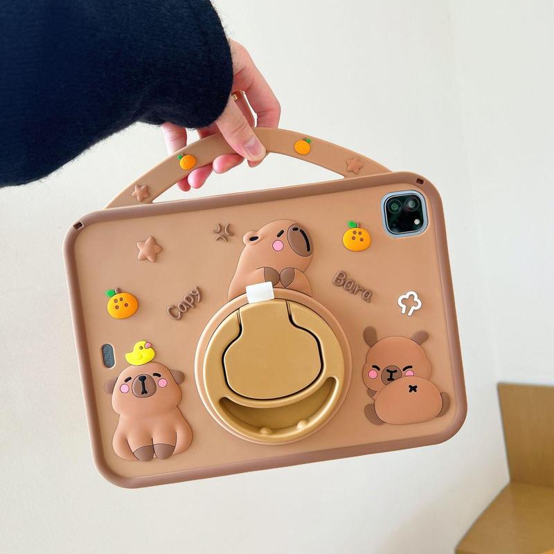 Cute Cartoon Capybara Pattern Tablet Case, 360 Degree Rotatable Stand Soft Silicone Tablet Protective Cover, Tablet Accessories Compatible with iPad, Tablet Casing