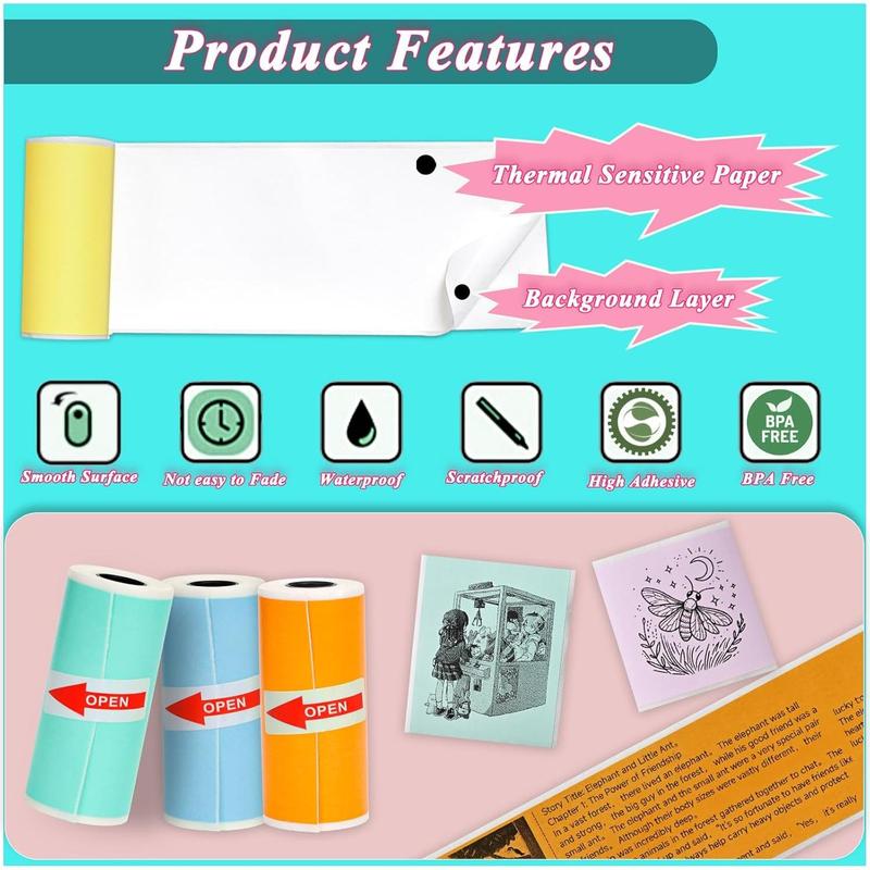 10 Rolls Thermal Sticker Paper for  Mini Thermal Printers, 57mm x 25mm 5 Rolls White 5 Rolls Colorful Mini Printer Sticker Paper Rolls for Study Notes Photos Journals Memo Lists
