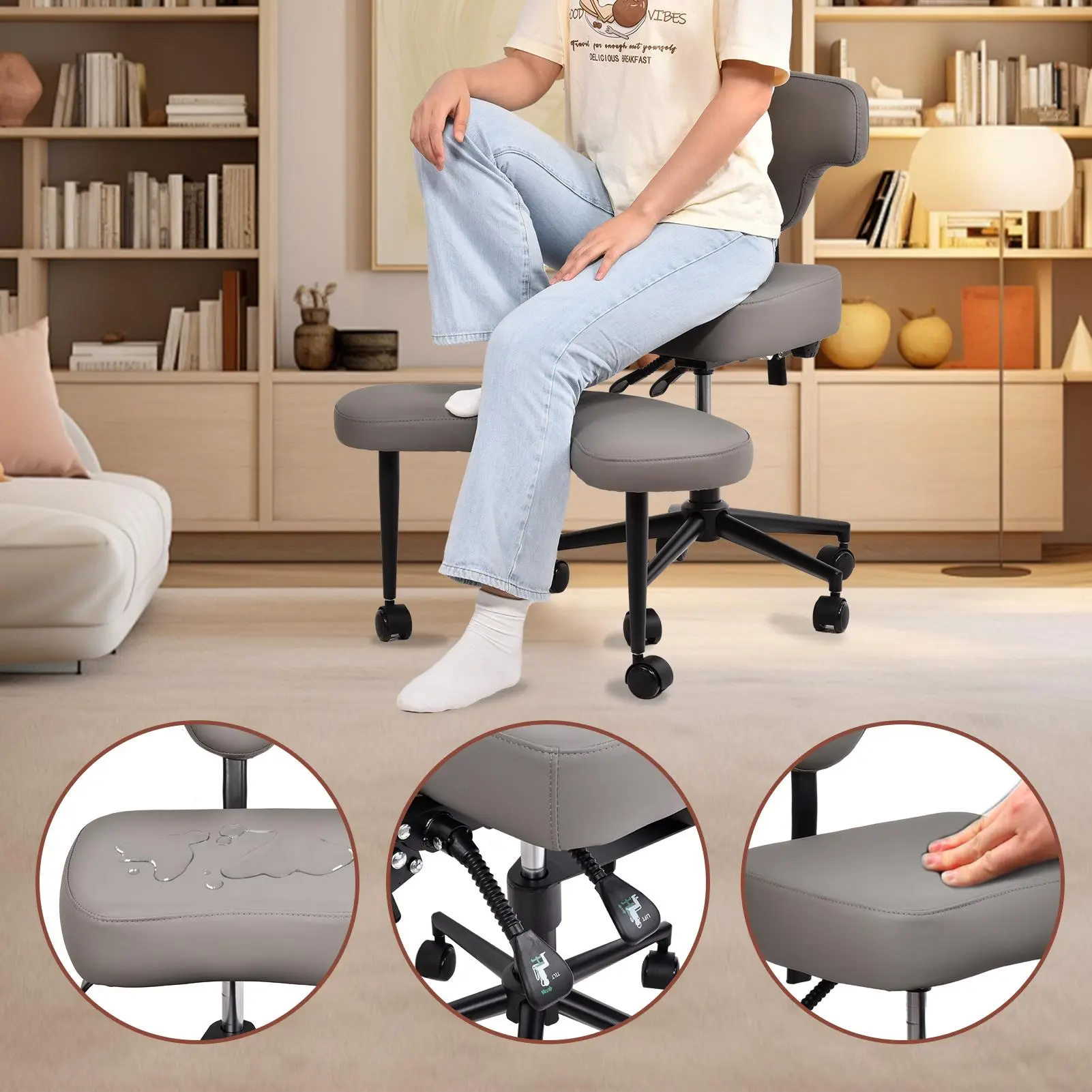 Ergonomic Cross Legged Chair, 360° Swivel Meditation Chair with Wheels, Height Adjustable Seat for ADHD, Strong Lumbar Support, Chic Home Office Furniture