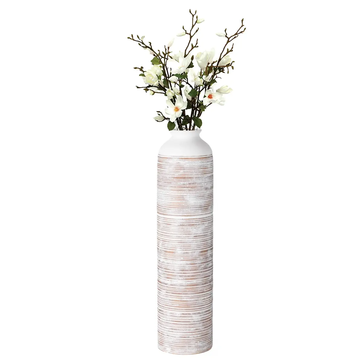 Uniquewise QI004039 20-Inch Tall 1-Piece Flower Vase - Ribbed Trumpet-Style Flexible Decorative White Ceramic Vase, Contemporary Home Accent for Entryway, Living Room, One Piece, Flower Vases