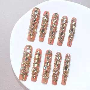 Nailrosy 10Pcs Handmade Long Square Press On Nails - Glitter Decorative, Sparkly Rhinestone, Acrylic Base, Luxury Look, Reusable, with Gift Box, Nail Supplies for Manicure, Y2K Cute, Suitable for Women Festivals, Parties