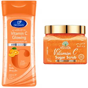 VITAMIN C Body Oil+Vitamin C sugar scrub Skincare Set for Cleaning, Moisturizing, Hydrating, and Moisturizing Skin with Long lasting Fragrance, Suitable for Men and Women, Large Capacity