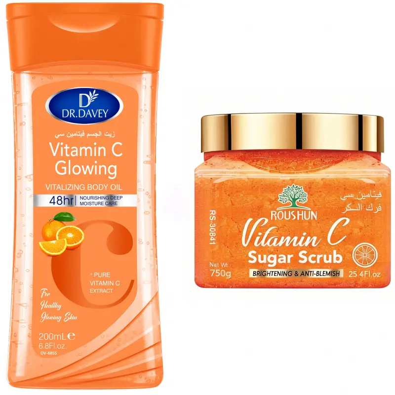 VITAMIN C Body Oil+Vitamin C sugar scrub Skincare Set for Cleaning, Moisturizing, Hydrating, and Moisturizing Skin with Long lasting Fragrance, Suitable for Men and Women, Large Capacity, Body Care Sets