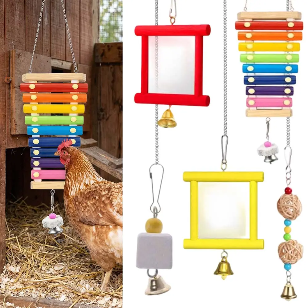 6 Pieces Chicken Mirror Chicken Toys for Coop with Bells, Hen Xylophone Toy with 8 Metal Keys, Parrot Grinding Stone, Sepak Takraw Toy, Dangling Bird Toy