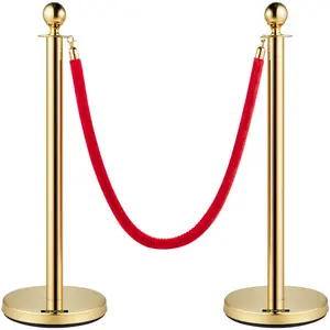 VEVOR Velvet Ropes and Posts, 5 ft/1.5 m Red Rope, Stainless Steel Gold Stanchion with Ball Top, Red Crowd Control Barrier Used for Theaters, Party, Wedding, Exhibition, Ticket Offices 2 Pack Sets