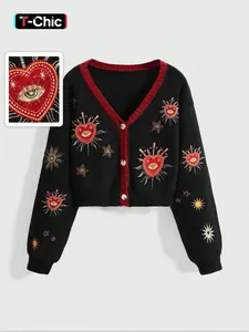 Women's V-Neck Button-Up Knit Cardigan Knitwear, Cropped Loose Fit Long Sleeve with Love Sun Star Embroidery, Ribbed Detail for Fall Winter