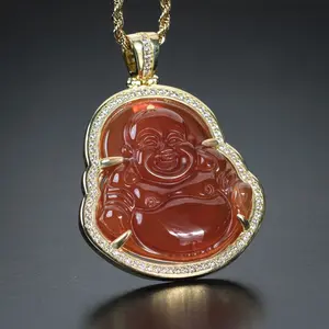 Stainless Steel Lucky Happy Red Jade Buddha Iced Unisex CZ Religious Pendant & 3mm 18" 20" 24" Rope Chain Necklace Fashion Jewelry Gift For Men, Women