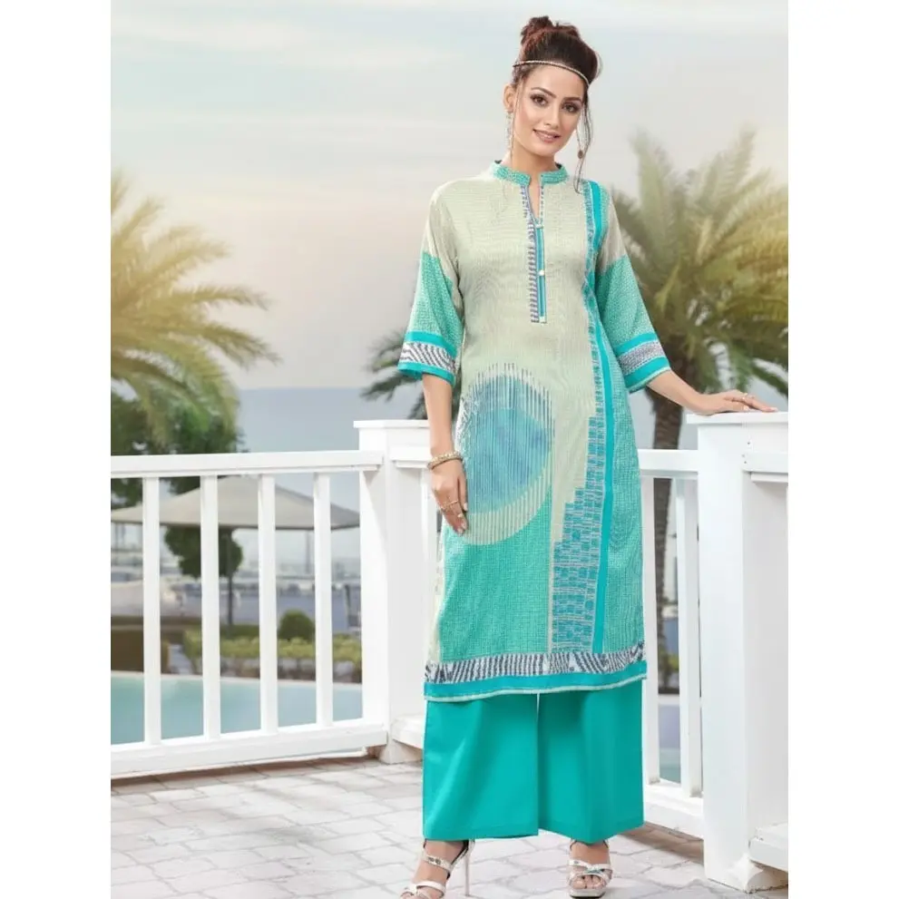 #vastra-3 Elegant teal/sea-green printed kurti + Palazzo Set