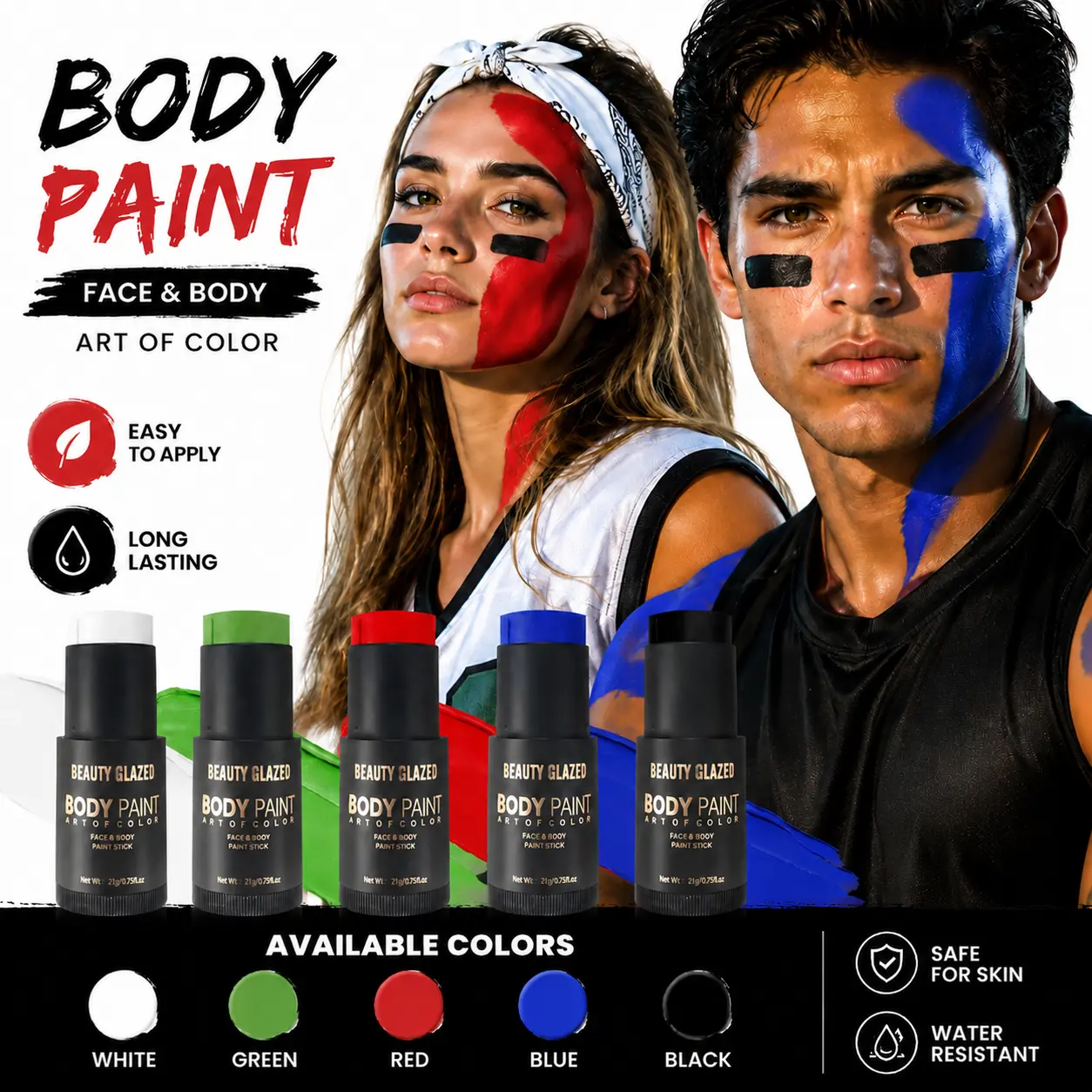 Beauty Glazed Waterproof Gentle Cosmetic Face & Body Paint Stick - High-Pigmented Oil-Based, Daily Use, Setting for Halloween Costume Cosplay SFX Makeup, Water Proof, Blend, Coverage, All Skin Types, Twist‑Up Ease, Beginner Friendly