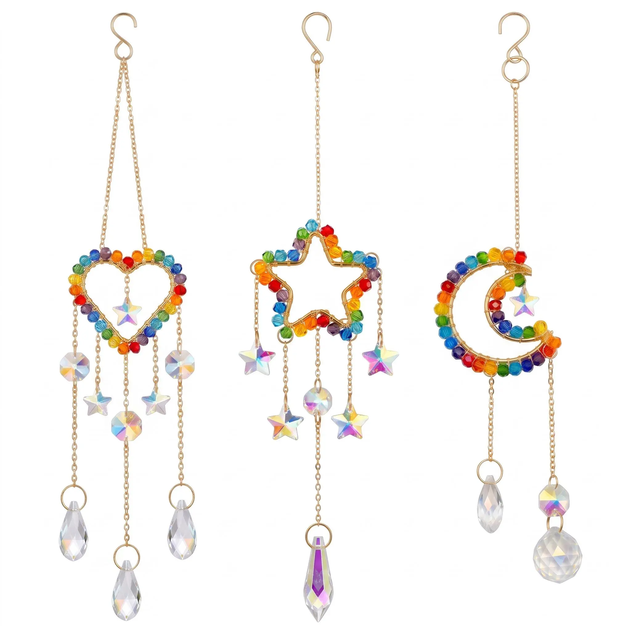 #JY  Rainbow Maker Crystal Suncatcher for Window, Gold Metal Heart/Moon/Star Boho Prisms Decor, 1Pc / 3Pcs Gift Set